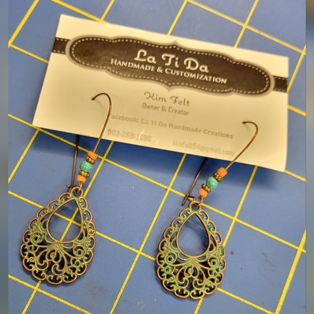 Bronze Metal Dangle Turquoise Accent Earrings